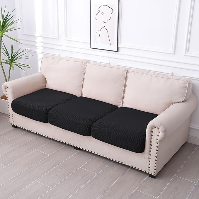 hyha Waterproof Couch Cushion Covers for Pets, Non Slip Sofa Seat Cover for Dogs Washable, Soft Thick Stretch Jacquard Fabric, Sofa Slipcovers with Elastic Bottom (3 Pieces, Black)