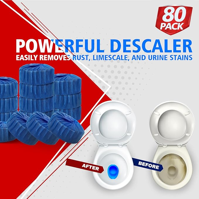 USKICH Toilet Bowl Cleaner Tablets 80 PACK, Bathroom Automatic Toilet Tank Blue Cleaners with Bleach, Slow-Releasing Household Toilet Cleaners for Deodorizing, Descaling, against Tough Stains