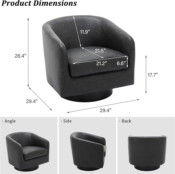 Swivel Barrel Accent Chair, Modern Round Faux Leather Arm Chair for Living Room, Bedroom, Comfy Club Reading Chairs for Adults(Faux Leather, Black Grey, Set of 4)