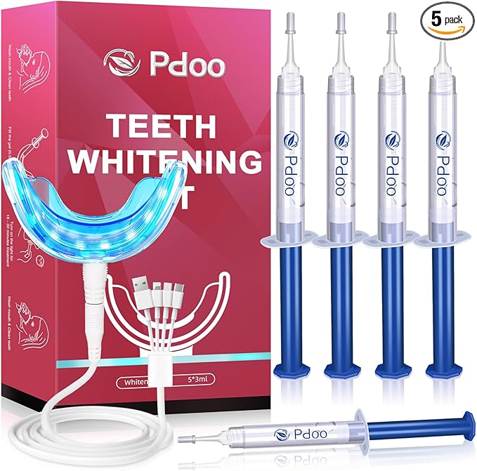 Professional Teeth Whitening Kit with 5 Teeth Whitening Gel, LED Accelerator Light & Rechargeable Design - Enamel Safe Gel, Custom Trays, Fast Results for Sensitive Teeth - Whitening Gel Kit