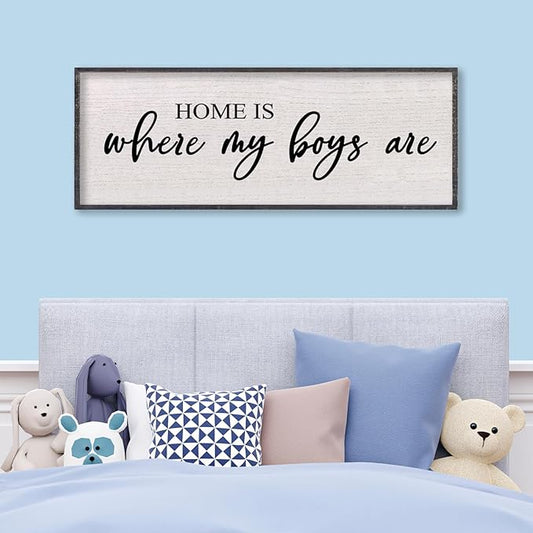 Home Is Where My Boys Are Wall Decor 32"×12" mom and her boys Sign for boys room Playroom Large Wood Framed Wall Hanging Art (Black)