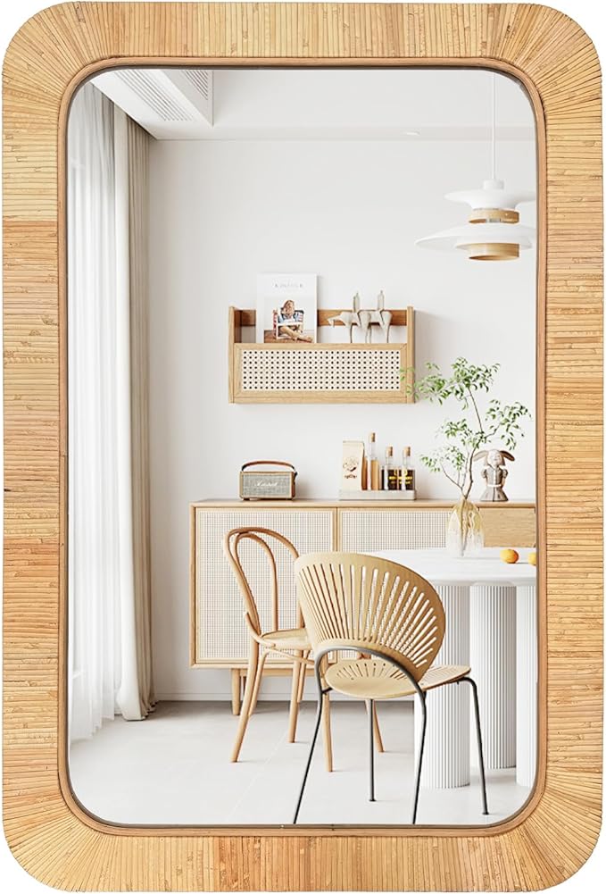 24x36 inch Rattan Rectangular Mirror for Wall, Bohemia Bathroom/Farmhouse Boho Mirrors, Vanity Irragular Decorative Mirror, Suitable for, Nursery, Bedroom, Living Room, Home Decoration