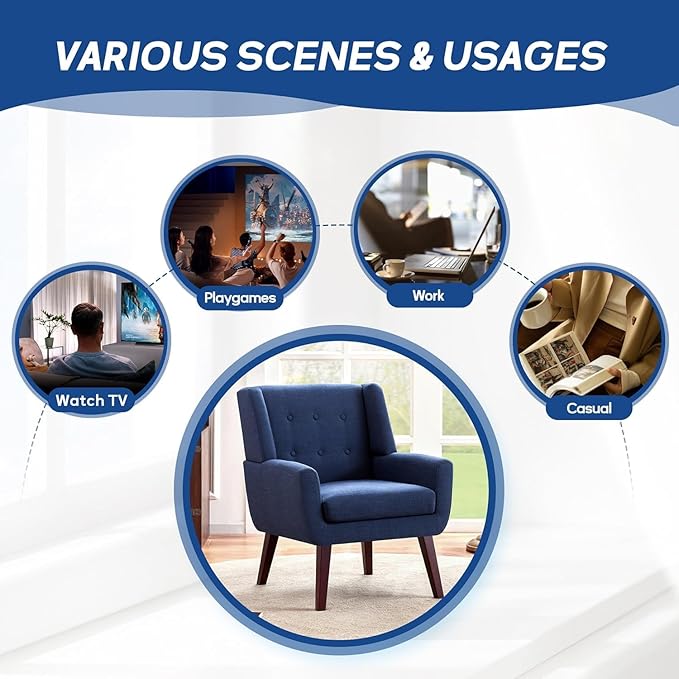 HUIMO Button-Tufted Accent Chairs Set of 2,Upholstered Reading Living Room Chair,Mid Century Modern Chair with Linen Fabric, Club Chair,Comfy Arm Chairs for Living Room,Bedroom,Dark Blue