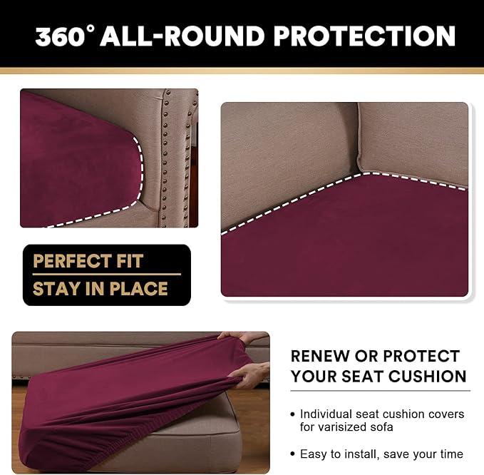 PrinceDeco Stretch Couch Cushion Covers Fitted Individual Seat Couch Slipcover Sets Velvet Fabric Soft Slip Cover for Chair Sofa Cushion Furniture Protector(Each Width Up to 29.5",Burgundy)