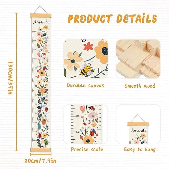 Personalized Name Growth Chart Wall Decor for Kids – Canvas Removable Height Chart Measuring Ruler 59" x 7.9" (Flowers)