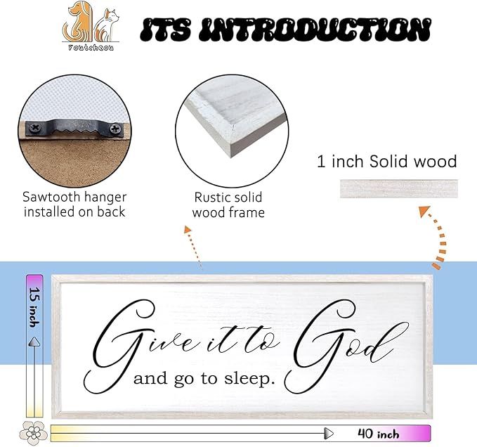 Give It To God And Go To Sleep Sign Wall Decor 40x15 Inch Large Farmhouse Master Bedroom Above Bed Hanging Wall Art Rustic Guest Room Wood Framed Over Bed Wall Decoration (White)