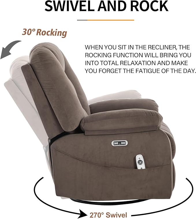 Power Swivel Rocker Recliner Chair for Adults,Rocking Recliners Chairs with Massage and Heat for Living Room, Electric Fabric Reclining Sofa Chair with USB and Type-C Port (Fabric Brown)