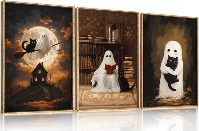HPNIUB Halloween Ghost Framed Canvas Wall Art Set, Funny Black Cat Poster Artwork, Vintage Spooky Wall Decor, Dark Academia Moon Pictures for Bedroom Living Room Bathroom-16 x24 x3