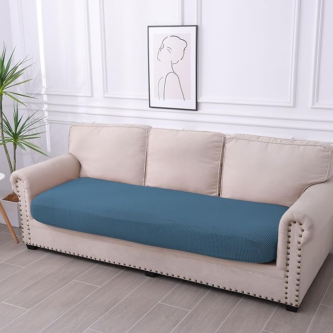 hyha Waterproof Couch Cushion Covers for Pets, Non Slip Sofa Seat Cover for Dogs Washable, Soft Thick Stretch Jacquard Fabric, Sofa Slipcovers with Elastic Bottom (1 Piece for Large, Blue)