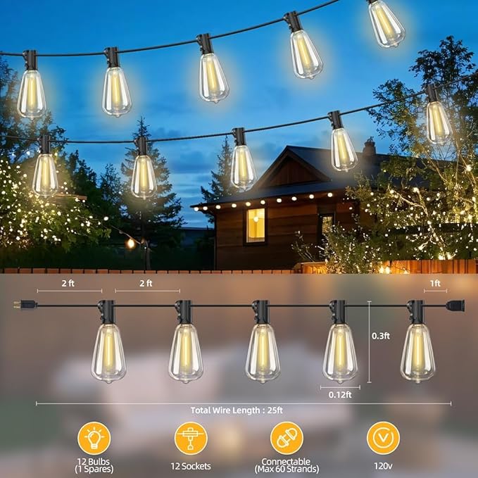 ST38 Outdoor String Lights 25FT with 12+1 LED Bulbs, E12 Socket, Waterproof Commercial Grade, 2700K Warm White for Garden, Backyard, Bistro, Patio, Porch, Deck, Gazebo, Wedding Decor