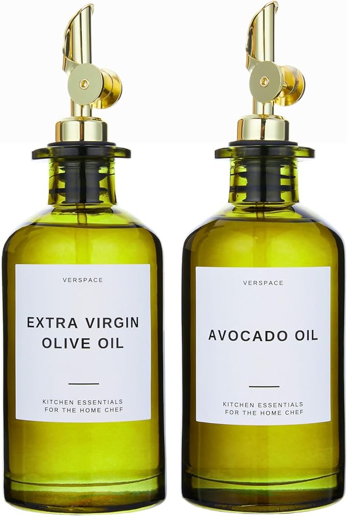 Green Glass Olive Oil Dispenser Bottle For Kitchen By Verpsace,Avocado Oil Dispenser Set, Modern Decor, Gold Kitchen Accessories for Home, Airbnb, Cafe (Gold, Set of 2)