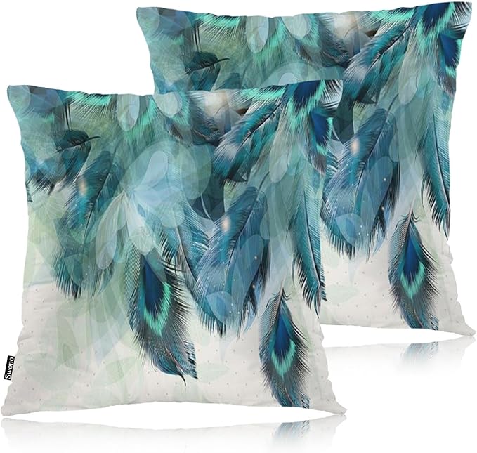 Swono Peacock Feather Throws Pillows Covers for Couch, Abstract Peacock Feathers Blue Decorative Pillow Cases for Men Women, Comfortable Pillow Cushion Cover Pack of 2 18"X18" for Home Sofa Bed