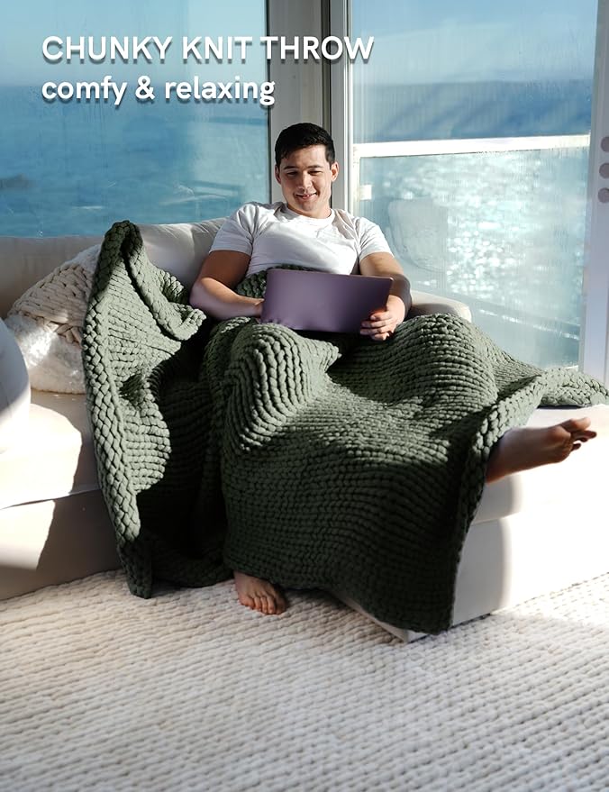 YnM Chunky Throw Blanket, Medium-Weight, Hand Knitted, Skin Friendly, Ventilated and Breathable, Machine Washable, Home Décor Piece for Couch, Sofa and Bed (Olive, 60x80 Inch)