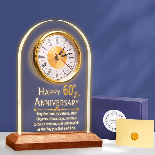 60th Anniversary Wedding Gift, Anniversary Quartz Clock, Desk Table Clock, 60 Years of Marriage, Golden Wedding for Couple, Parents, Grandparents (Wooden Base with LED Light)
