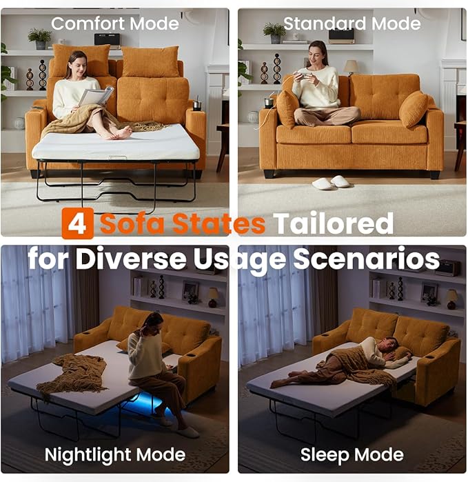 Pull Out Sofa Bed, Full Size Sleeper Sofa, 2-in-1 Convertible Corduroy Couch with USB Charging, Memory Form Couch for Living Room, Apartment and Small Space (Mustard Yellow, Corduroy - Full Size)