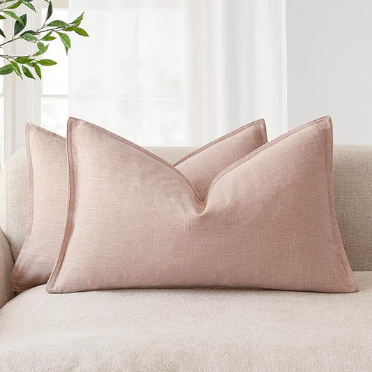 Foindtower Pack of 2, Decorative Linen Solid Throw Pillow Covers Soft Accent Lumbar Cushion Case Boho Farmhouse Pillowcase for Chair Couch Sofa Bedroom Living Room Home Decor 12 x 20 Inch Light Pink