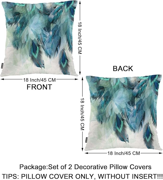 Swono Peacock Feather Throws Pillows Covers for Couch, Abstract Peacock Feathers Blue Decorative Pillow Cases for Men Women, Comfortable Pillow Cushion Cover Pack of 2 18"X18" for Home Sofa Bed