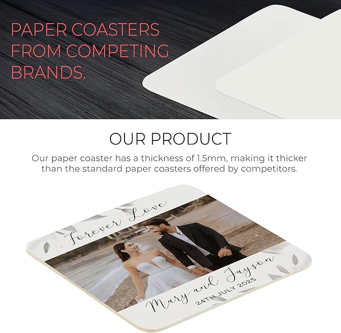 60 Pack Personalized Wedding Coasters, Custom Cardboard Coasters for Drinks with Photo Print and Text, Keepsake Wedding Favors and Gifts for Couples, 4x4 Square, Design 7