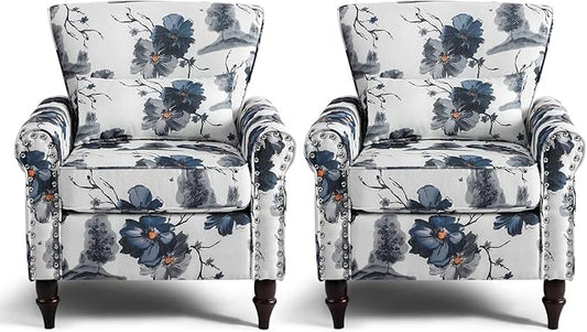 Wingback Accent Chair with Removable Pillow, High Back Floral Armchair with Solid Wood Legs & Nailhead Trim, Comfy Upholstered Reading Single Sofa Chair for Bedroom (2, Ink Blue Pattern)