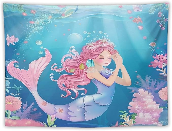 HZOHNAGO Mermaid Girls Tapestry Watercolor Flowers Mermaid Princess Blessing Pattern for Kids Room Decoration Printed Wall Tapestry Wall Hanging for Bedroom Living Room Dorm 40" W x 30" H
