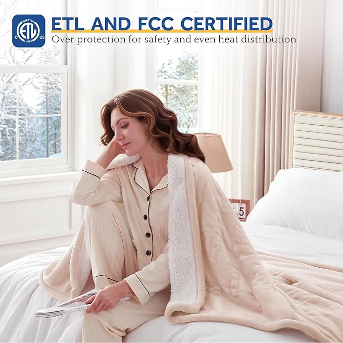 Sealy Electric Blanket Twin Size 62"*84",Super Cozy Flannel to Sherpa Reversible Heated Twin Blanket with 10 Heating Levels & 1-12 Hours Auto Off Overheating Protection Machine Washable, Beige