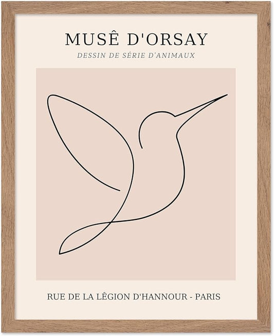 Poster Master Vintage Poster - Retro One Line Hummingbird Drawing Print - Bird Line Art - Minimal Gift for Him, Her, Animal Lover - Abstract Decor for Home, Office, 16x20 Beige Framed