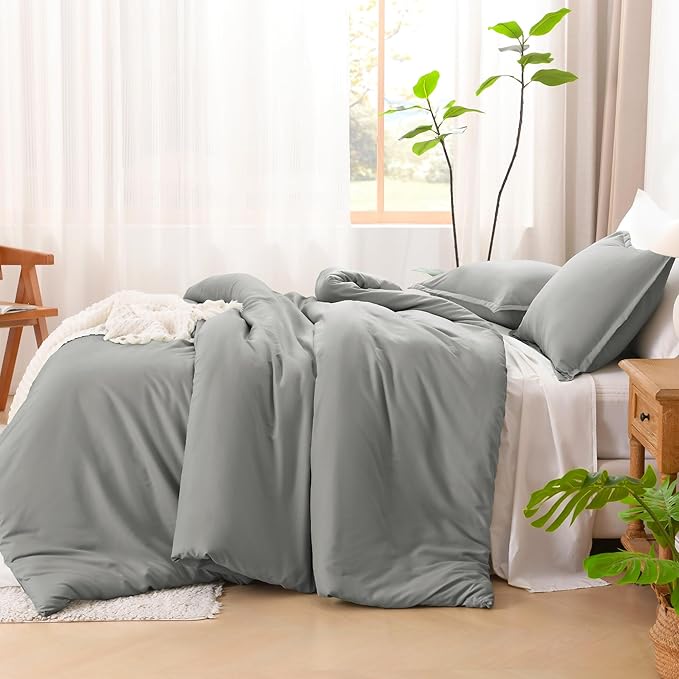 Litanika Comforters Medium Gray Queen Size, 3 Pieces Lightweight Solid Bedding Set & Collections, All Season Fluffy Bed Set (90x90In Comforter & 2 Pillowcases)