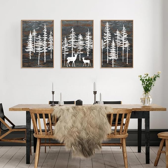 Modern White Forest Framed Canvas Wall Art Set, Minimalist Woodland Art Painting, Retro Tree Landscape Wall Decor, Wildland Deer Artwork for Living Room, Dining Room, Office - 16"x24"x3