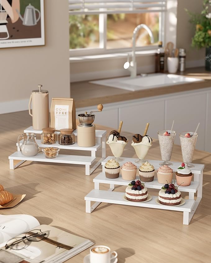 SONGMICS Display Risers, Set of 2 Engineered Wood Perfume Organizer Stand, 3-Tier Cupcake Stand Holder, Spice Rack, Shelf Risers for Figures, Dessert Shelves, Snow White and Cloud White UKCS116W01
