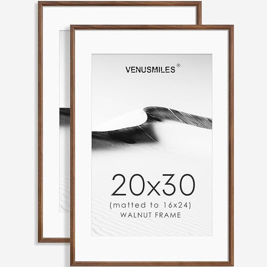 20x30 Poster Frame Set of 2 Natural Solid Walnut Photo Frames with 16x24 Removable Mat Wall Hanging Large Handcrafted Frame with HD Plexiglass Wall and Tabletop Display Large Picture Frame