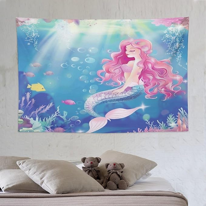 HZOHNAGO Mermaid Girls Tapestry Watercolor Mermaid Princess Pink Hair Pattern for Kids Room Decoration Printed Wall Tapestry Wall Hanging for Bedroom Living Room Dorm 90" W x 60" H
