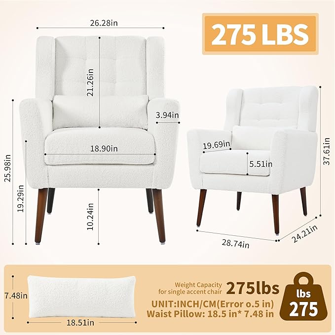 Modern Accent Chair, Upholstered Armchair with Pillow, Teddy Single Sofa Chair with Lounge Seat and Wood Legs Accent Chair for Living Room Bedroom Small Spaces