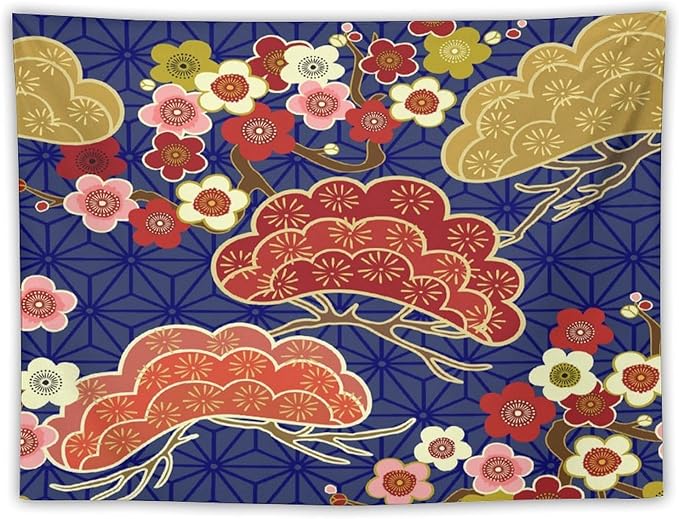 HZOHNAGO Japanese Tapestry Art Abstract Colorful Cherry Blossom Blue Background Pattern Printed Wall Tapestry Painting Wall Hanging for Bedroom Living Room Dorm 40" W x 30" H