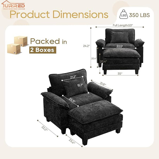 URRED Modular Sectional Sofa Comfy Cloud Couch, Modern Chenille Sofa Sleeper Deep Seat Couches with Ottoman/Pillows for Living Room (Black, 53''- Ottoman)