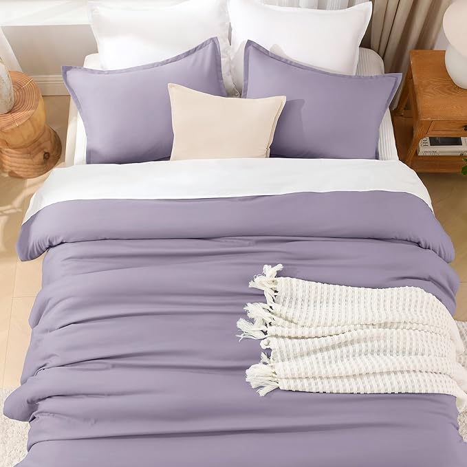 Litanika Grayish Lavender Purple Comforter Set King Size, 3 Pieces Lightweight Solid Bedding Comforter Set, All Season Fluffy Bed Set (104x90In Comforter & 2 Pillowcases)