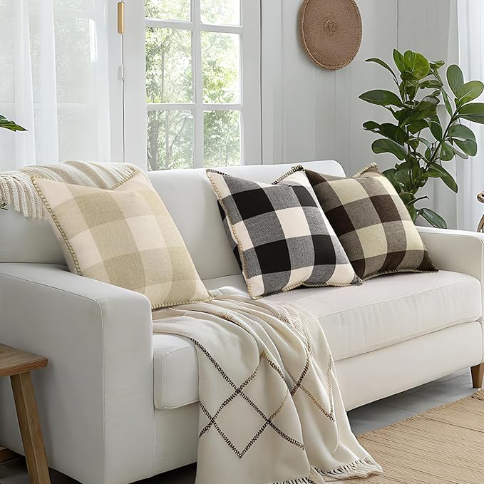 decorUhome Buffalo Plaid Check Fall Throw Pillow Covers 24x24 Set of 2, Outdoor Decorative Farmhouse Pillow Covers with Stitched Edge for Bed Couch Sofa, Cream White and Beige