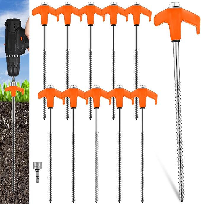 Hicarer 10 Pcs 20 Pcs 8'' Screw in Tent Stakes Heavy Duty Ground Metal Stakes for Inflatables with Hex Head Driver for Outdoor Camping Tent Inflatable Garden Decor (Orange)