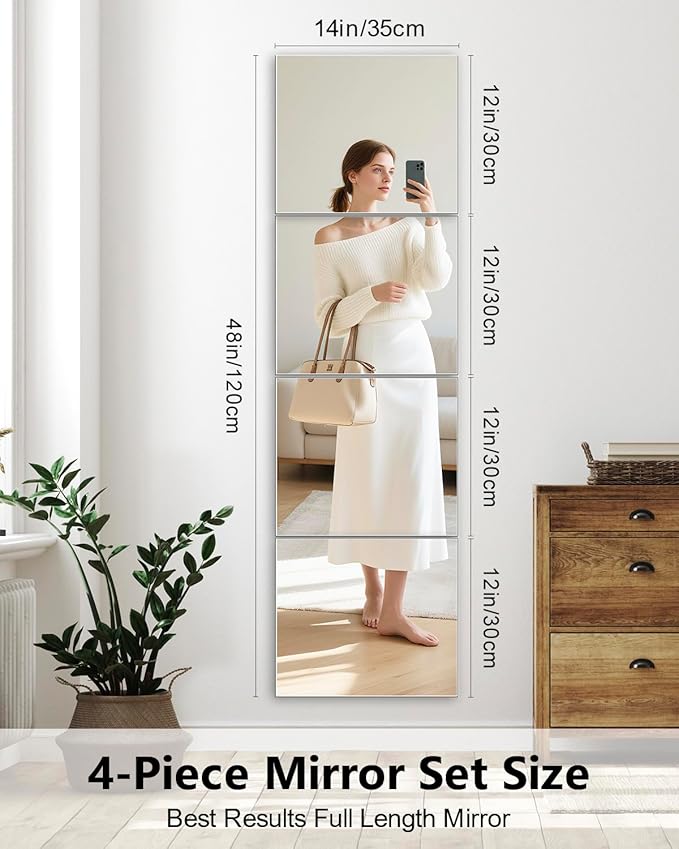 Full Length Wall Mirror Tiles, 12'' x 14'' x 4PCS, Acrylic Unbreakable Full Body Mirror for Bedroom Squares Shatterproof Mirror Sheets Wall Mounted for Home Gym Door