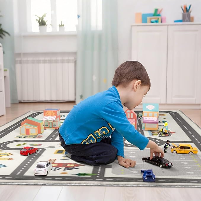 5x7ft Kids Town Road Play Rug - Non-Slip Faux Wool Carpet with Interactive City Map Design, Educational Toy Vehicle Mat for Kids, Bedroom Playroom Nursery Gift.