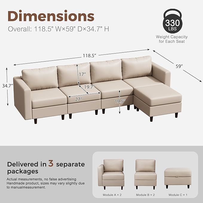 118.5" Faux Leather Modular Sectional Sofa, L Shaped Couch Set for Living Room, 5-Seater Comfy Cloud Couches with Movable Storage Ottoman,DIY Combination - Whitesand