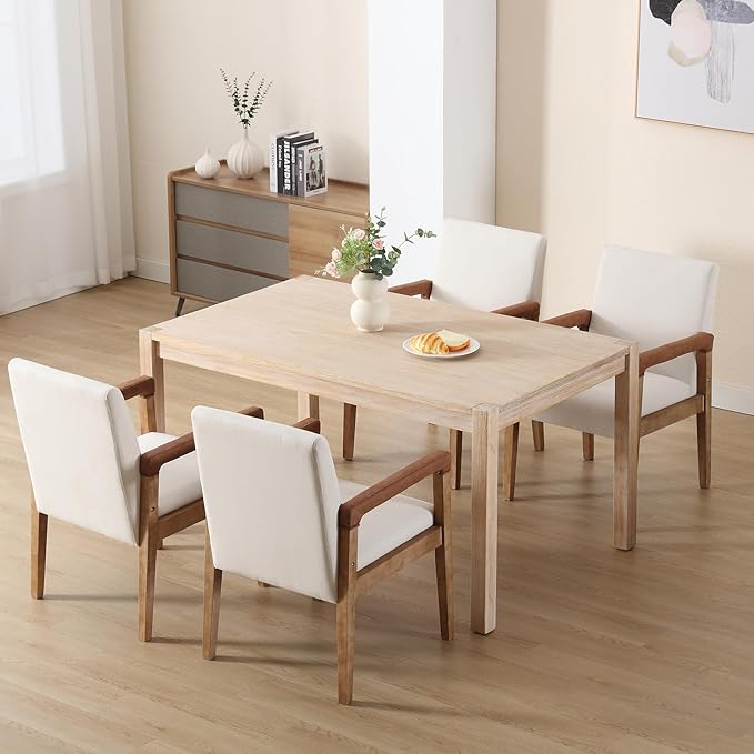 Kmax Modern Dining Chairs Set of 2 Linen Fabric Kitchen Arm Chairs Upholstered Accent Chairs with Wooden Legs for Dining Room, Living Room, Bedroom, White