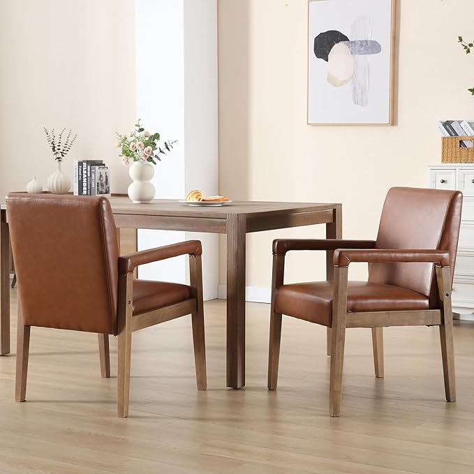Kmax Modern Dining Chairs Set of 2 Faux Leather Kitchen Arm Chairs Upholstered Accent Chairs with Wooden Legs for Dining Room, Living Room, Bedroom, Brown