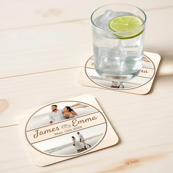 60 Pack Personalized Wedding Coasters, Custom Cardboard Coasters for Drinks with Photo Print and Text, Keepsake Wedding Favors and Gifts for Couples, 4x4 Square, Design 5