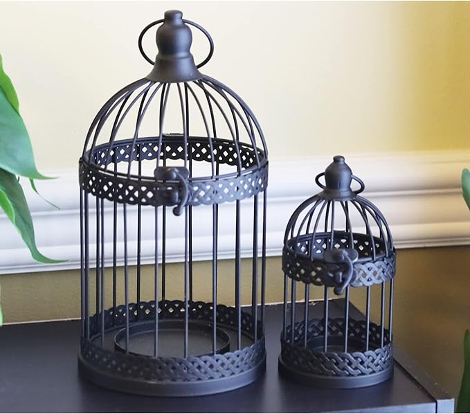 Vela Lanterns Bird Cage Decor Candle Holder Lantern Decorative Table Centerpiece Halloween Decorations, Black, Set of 4