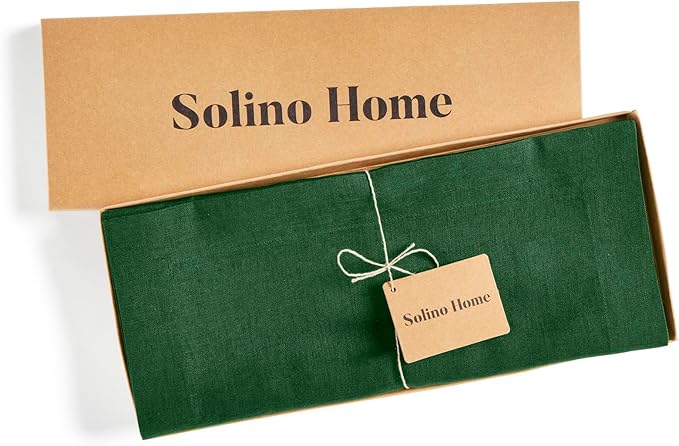Solino Home Linen Table Runner 72 Inches Long - 100% Pure Linen Pine Green Dining Table Runner 14 x 72 Inch for Fall, Autumn, Thanksgiving - Fete