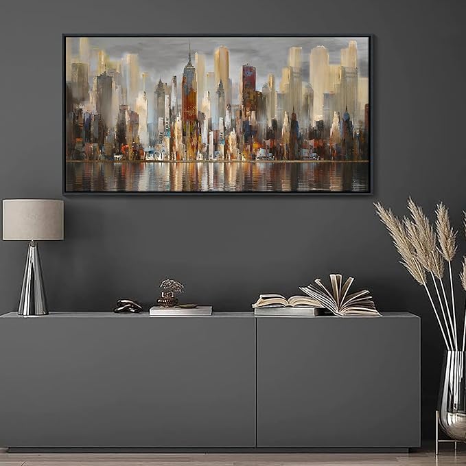 Abstract Brown New York City canvas Wall Art Framed Large Wall Art for Living Room Modern Paintings for Bedroom Cityscape New York Wall Decor Artwork Wall Pictures for Office and Bedroom 24×48in