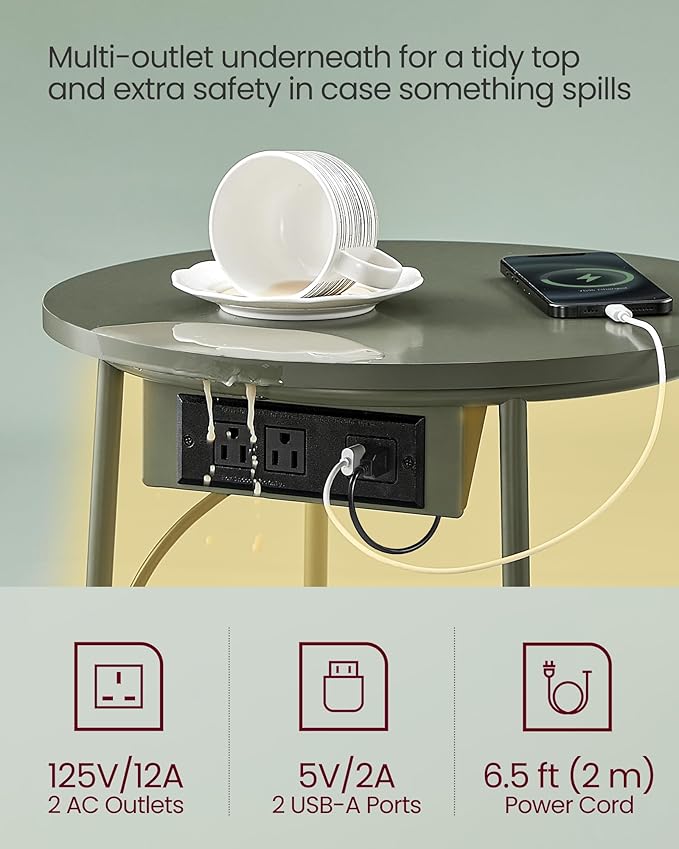 VASAGLE Side Table with Charging Station, Round End Table with Fabric Basket, LED Nightstand with Power Outlets, USB Ports, for Living Room, Bedroom, Modern, Forest Green and Cream White ULET227C01