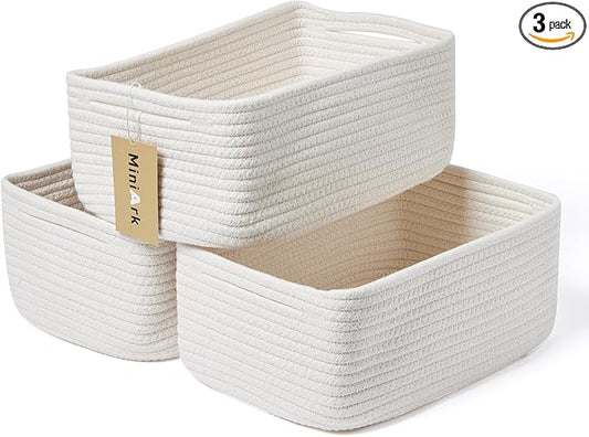 Small Storage Baskets for Organizing | Closet Organizer Bins | Shelf Toy Basket | Woven Rope Baskets | Cube Decorative Box | Shallow Basket | 13x8.5x5.1” | 3 Packs Off White