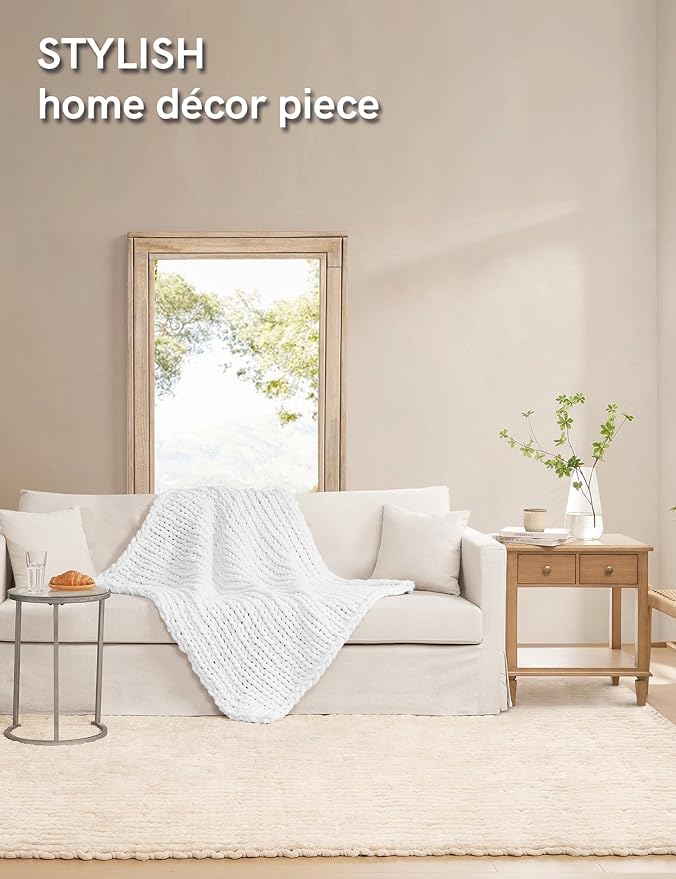 YnM Chunky Throw Blanket, Medium-Weight, Hand Knitted with Chenielle Yarn, Skin Friendly, Ventilated and Breathable, Machine Washable, Home Décor Piece for Couch, Sofa and Bed (White, 40x50 Inch)