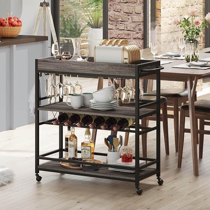 BON AUGURE Bar Cart, Home Bar Serving Cart on Wheels, Mobile 3 Tier Liquor Beverage Carts with Wine Rack and Glass Holder (Grey Oak)